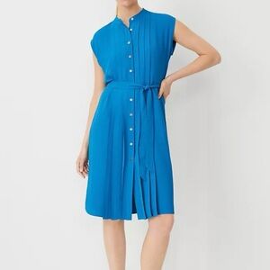 NWT Ann Taylor Belted Pleated Button Front Cap Sleeve Knee Length Dress Blue 12